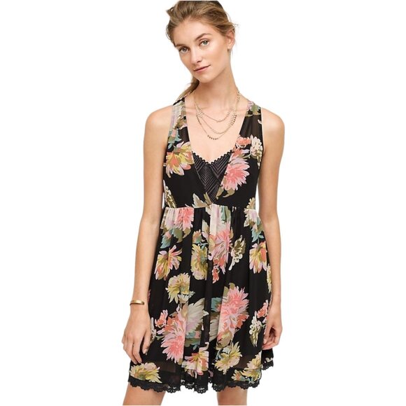 Anthropologie Maeve Black Floral Violetta Dress Size Medium Boho Bohemian - Picture 1 of 10